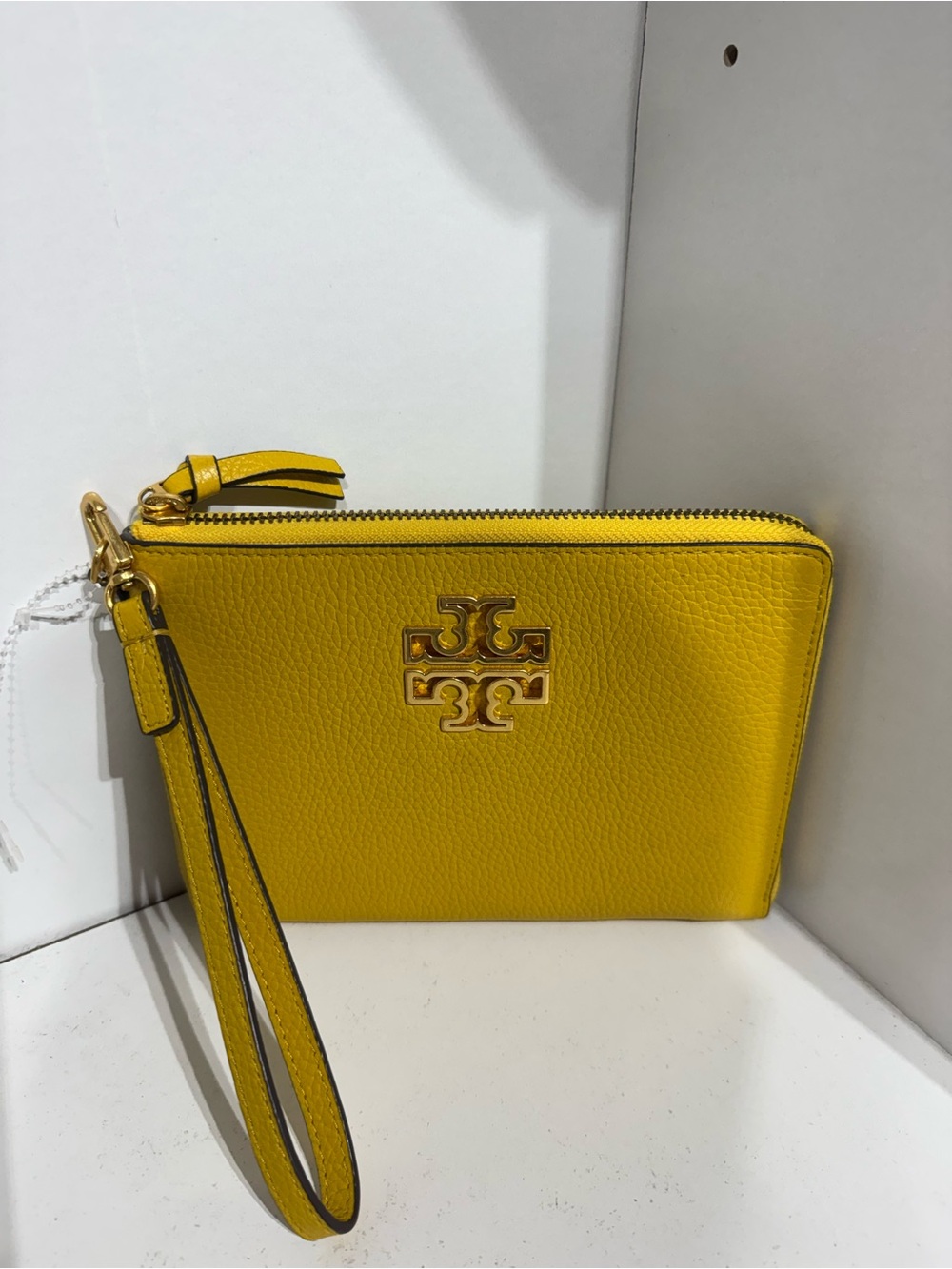 Tory Burch Bright Yellow Pebbled Leather Wristlet with Logo